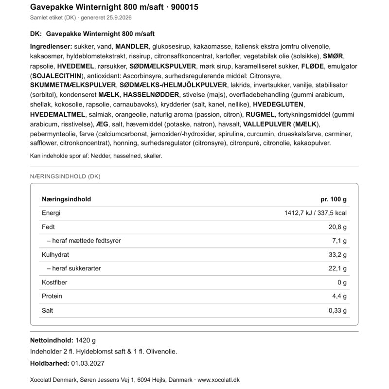 Varedeklaration – Julekasse med olivenolie og søde specialiteter til jul