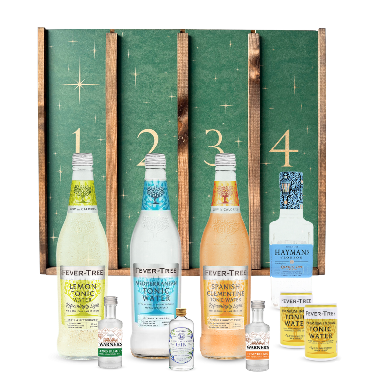Adventskalender med Gin og tonic. Fire forskellige gin og fire forskellige Fever Tree tonics gemmer sig bag lågerne i denne fine adventskalender.