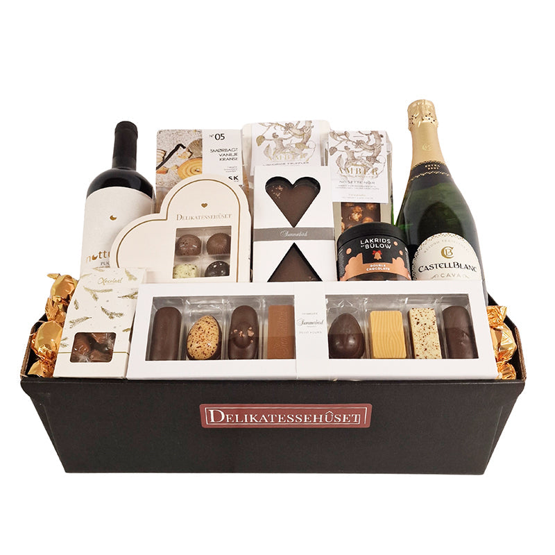 Stor gavekurv med rødvin, Cava, Summerbird chokolade m.m.