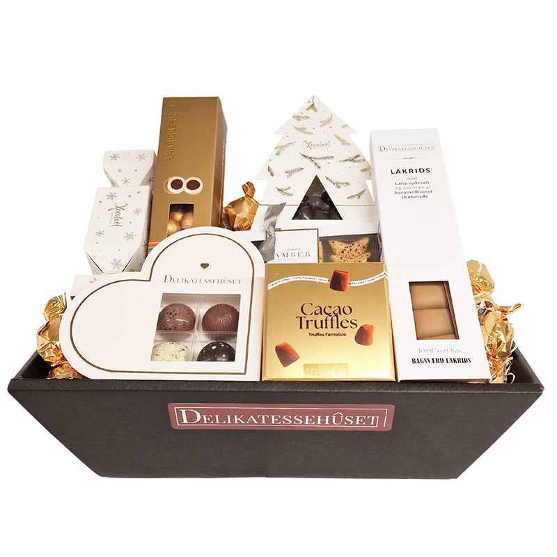 Julekurv med søde lækkerier - chokolade, lakrids m.m.