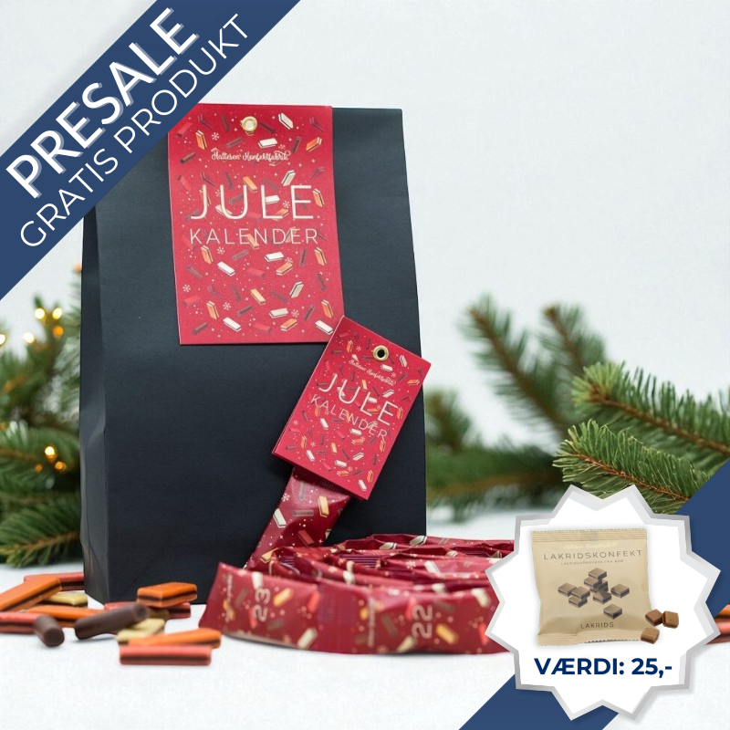 Dansk julekalender med håndlavet lakridskonfekt fra Hattesens Konfektfabrik – rød pose med 2,5 meter lang guirlande fyldt med konfekt i smagene jordbær, blodappelsin, ingefær, lakrids og chokolade. Nr: 2 Håndlavet lakridskonfekt fra Ærø i en julekalender – enkel rød pose med guirlande af farverigt konfekt i fem forskellige smagsvarianter.