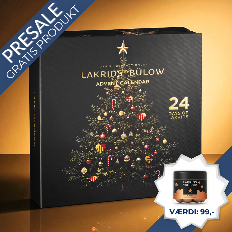 Johan Bülow lakridsjulekalender med 24 låger, fyldt med dansk gourmetlakrids, chokoladeovertrukne lakridskugler og Limited Editions.