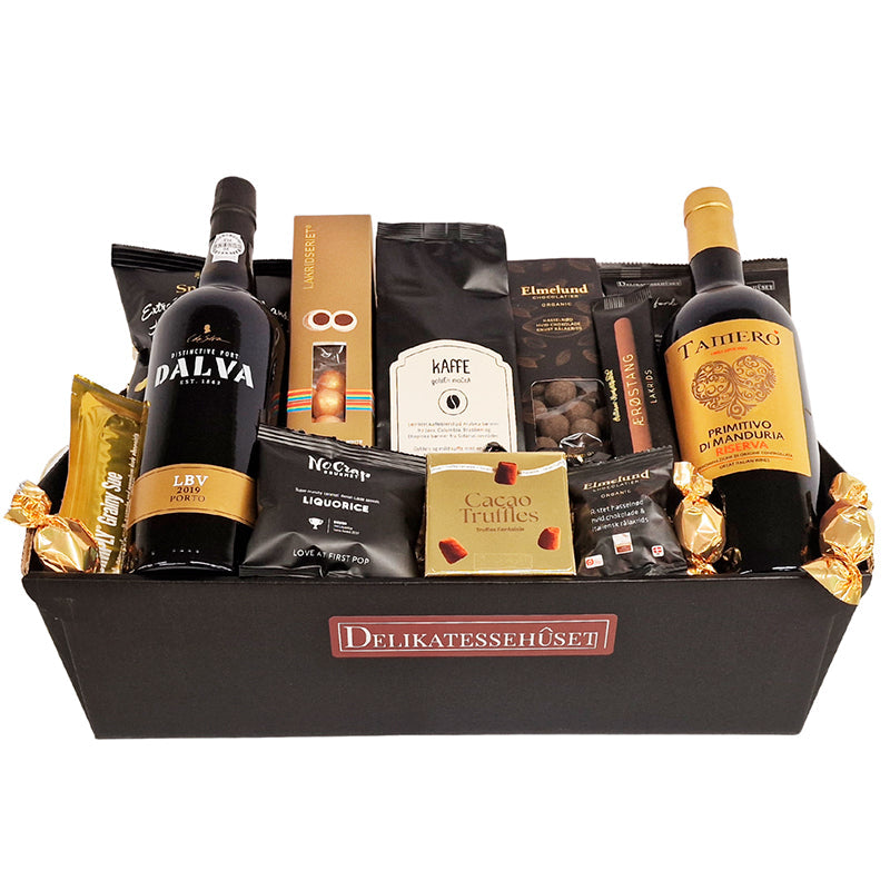 Flot overdådig julekurv med rødvin, portvin, kaffe og chokolade