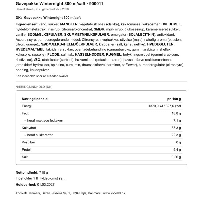 Varedeklaration – Julegave med hyldeblomstsaft og søde sager til jul