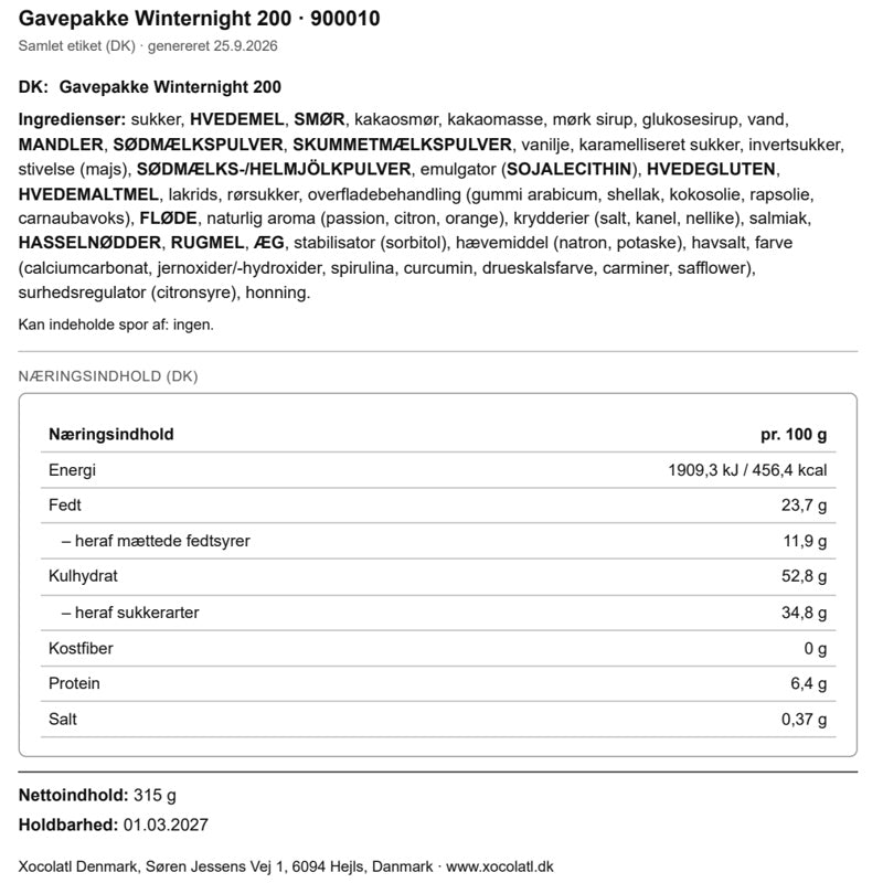 Varedeklaration – Julepose med chokolade og brunkager