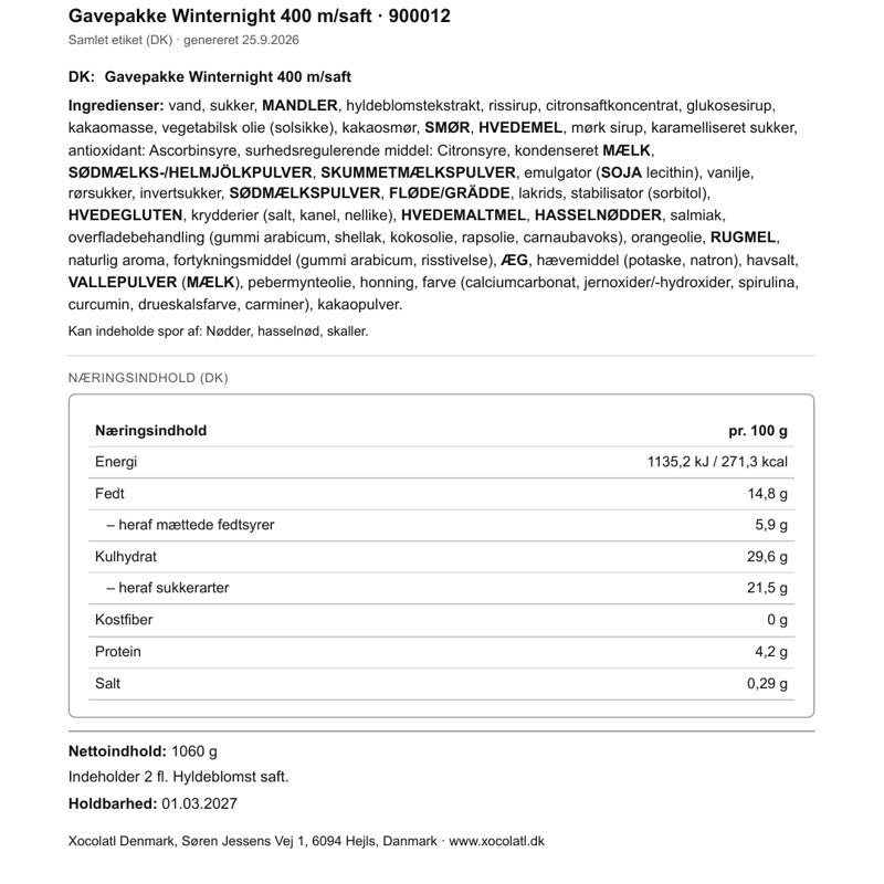 Varedeklaration – Julekasse med chokolade og smørkarameller til jul