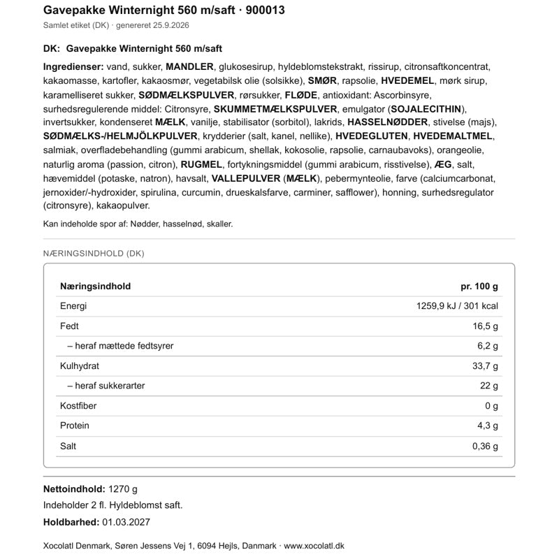 Varedeklaration – Julekasse med chokolade og salte snacks til jul