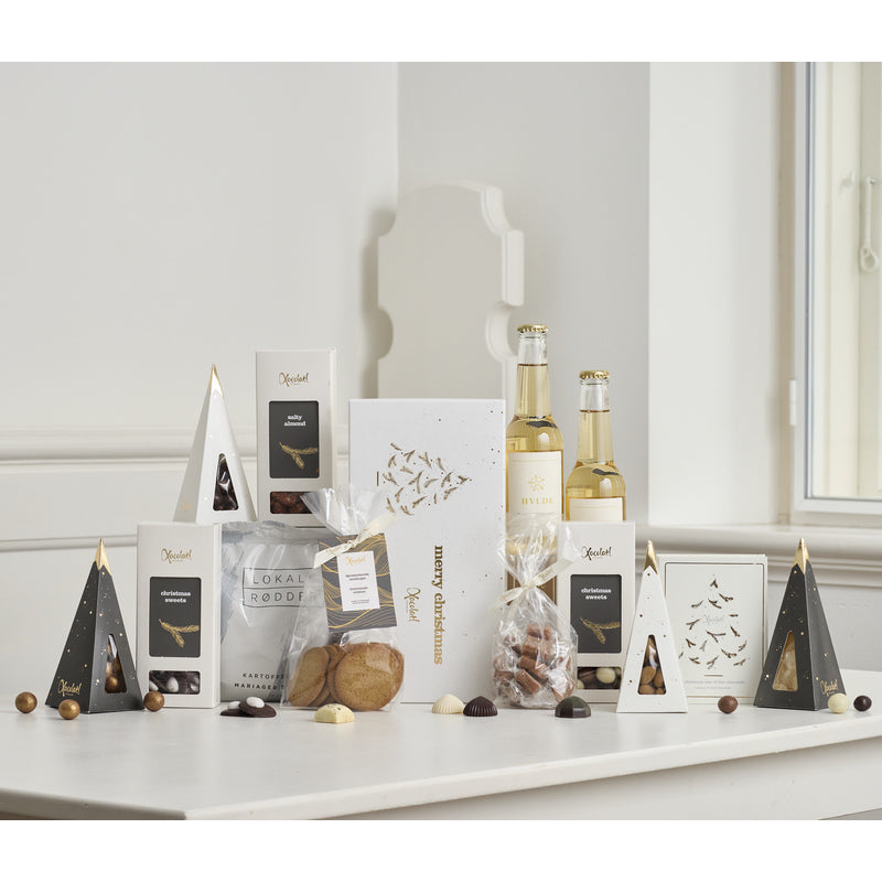 Julekasse med chokoladebog og hyldeblomstsaft til jul – Xocolatl Winternight