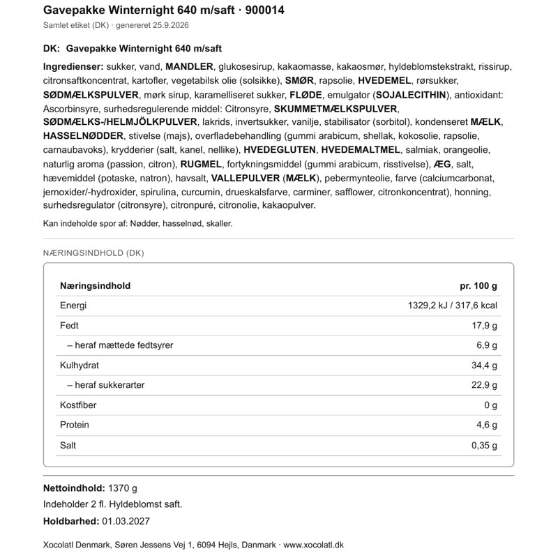 Varedeklaration – Julekasse med chokoladebog og hyldeblomstsaft til jul