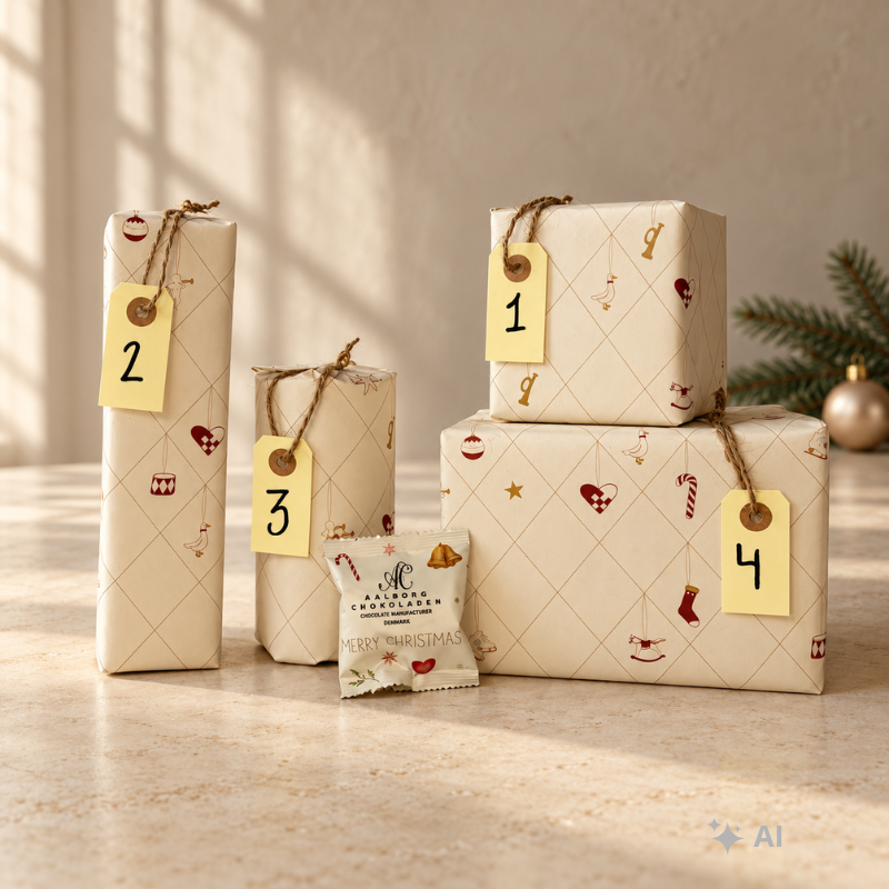 Indpakket adventskalender til hende med pakker nummereret 1 til 4 - julekurven