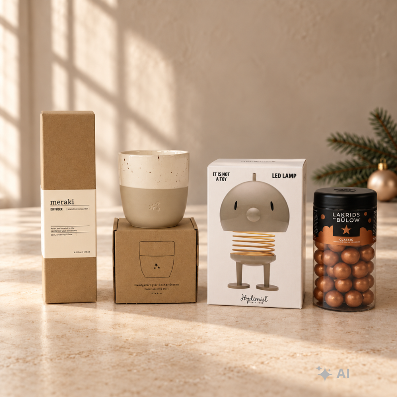 Hoptimist lampe og Meraki duftfrisker med Eulenschnitt krus og Bülow Classic Caramel - julekurven