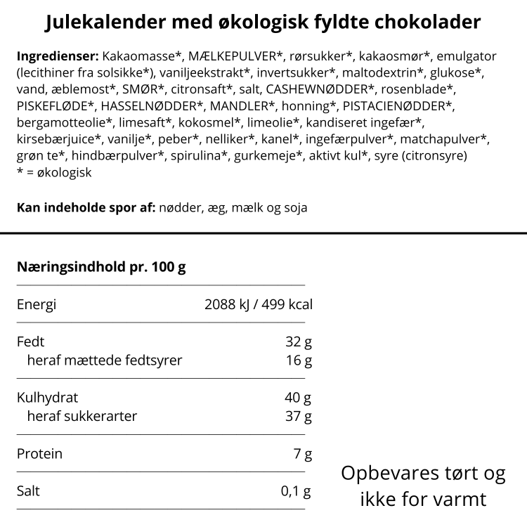 Julekalender med økologisk fyldt chokolader fra Anker Chokolade