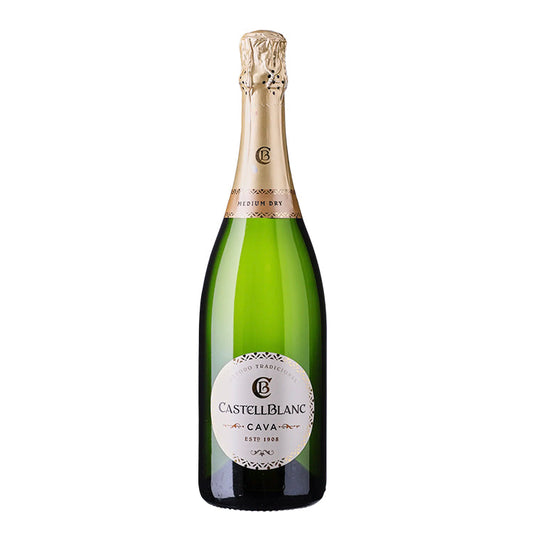 Flaske med Castellblanc Cava Medium Dry mousserende vin fra Delikatessehuset.