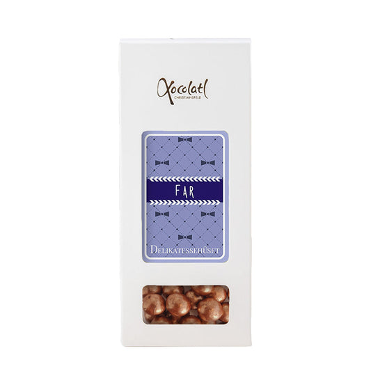 Gaveæske fra Xocolatl til far med kobberlakridskugler overtrukket med chokolade fra Delikatessehuset.