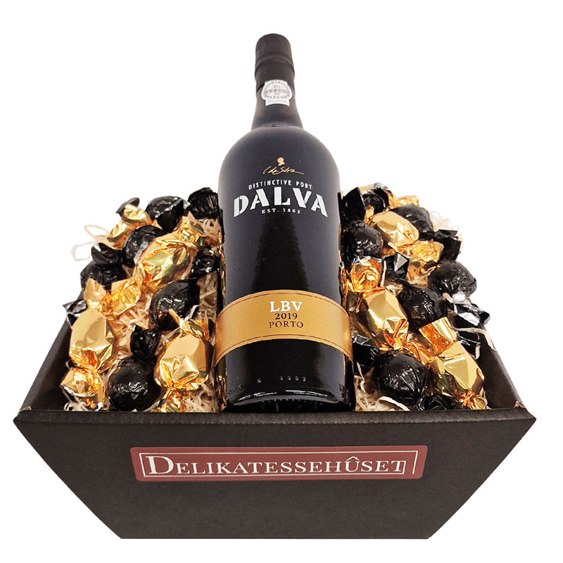 Gavekurv med chokoladekugler og portvin fra Dalva (LBV)