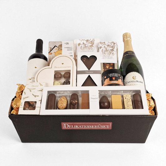 Stor gavekurv med rødvin, Cava, Summerbird chokolade m.m.