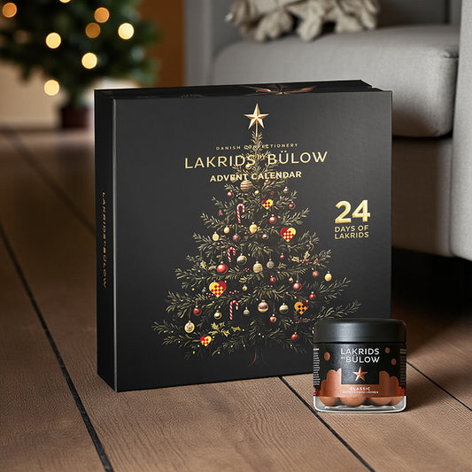 Johan Bülow lakridsjulekalender med 24 låger, fyldt med dansk gourmetlakrids, chokoladeovertrukne lakridskugler og Limited Editions.