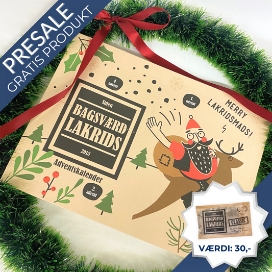 Bagsværd Lakrids MERRY LAKRIDSMADS adventskalender med 4 store lakridsplader – Classic, Salt, Salmiak og Mandel á 160 g – klar til at skære ud og dele.	