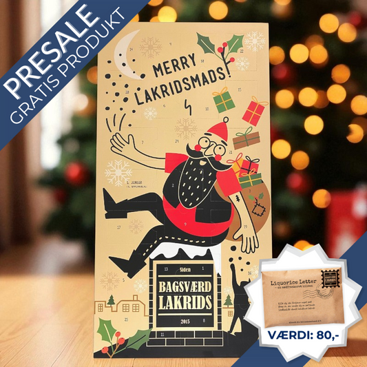 Bagsværd Lakrids julekalender med 24 låger fyldt med forskellig lakrids. Ekstra lakridsprodukter medfølger gratis