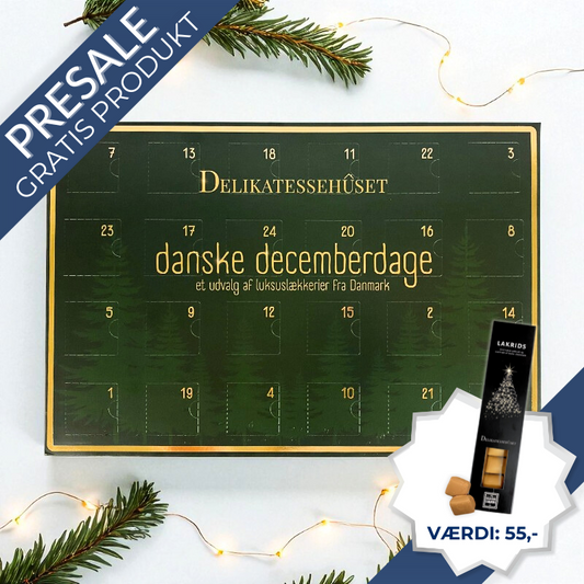 Danske Decemberdage’ julekalender med 24 låger fyldt med chokolade, lakrids, karameller, skumfiduser og vingummi – et udvalg af det bedste fra danske leverandører.	