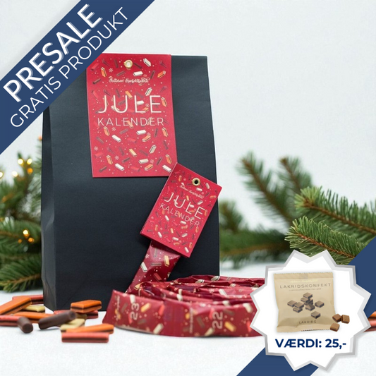 Dansk julekalender med håndlavet lakridskonfekt fra Hattesens Konfektfabrik – rød pose med 2,5 meter lang guirlande fyldt med konfekt i smagene jordbær, blodappelsin, ingefær, lakrids og chokolade. Nr: 2 Håndlavet lakridskonfekt fra Ærø i en julekalender – enkel rød pose med guirlande af farverigt konfekt i fem forskellige smagsvarianter.	