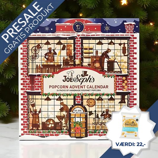 Gourmet popcorn julekalender – eventyrlig julebog med 24 låger, der gemmer 19 unikke smagsvarianter, inkl. klassikere, julesmage og limited editions.	