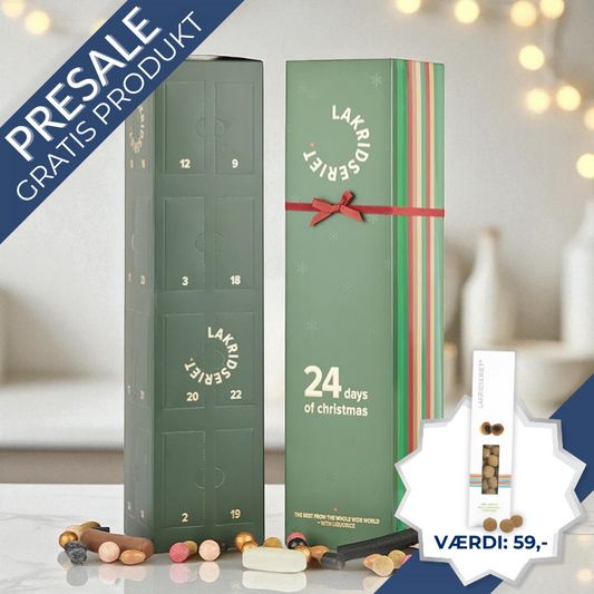 Eksklusiv julekalender fra Lakridseriet – stor kalender fyldt med forskellige lakridser, lakridsmandler og lakridsdragéer til juledagene.	