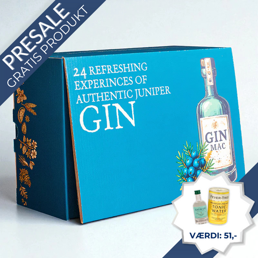 MacY julekalender med 24 låger – daglige 2 cl gin-smagsprøver fra forskellige producenter og QR-kode med information og videoer om hver gin	