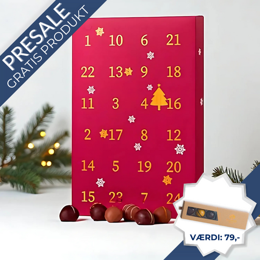 Julekalender med romkugler overtrukket med chokolade og karamel.
