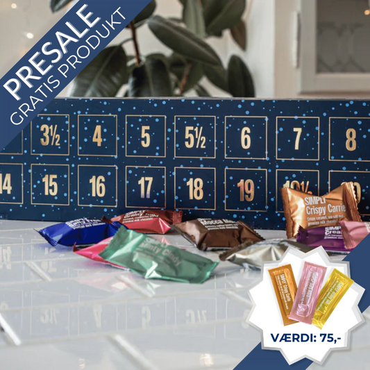 Simply Chocolate julekalender med 30 låger og over 75 cm længde – fyldt med 10 forskellige smagsvarianter af premium chokolade, inkl. karamelcrunch, saltede mandler, persisk lakrids, marcipan, peanuts, mint og cookie dough, perfekt til at dele.	