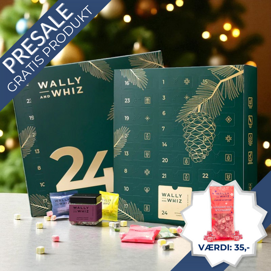 Wally & Whiz julekalender med 24 låger, fyldt med danske gourmet frugtvingummier og en full-size bøtte bag låge 24.	