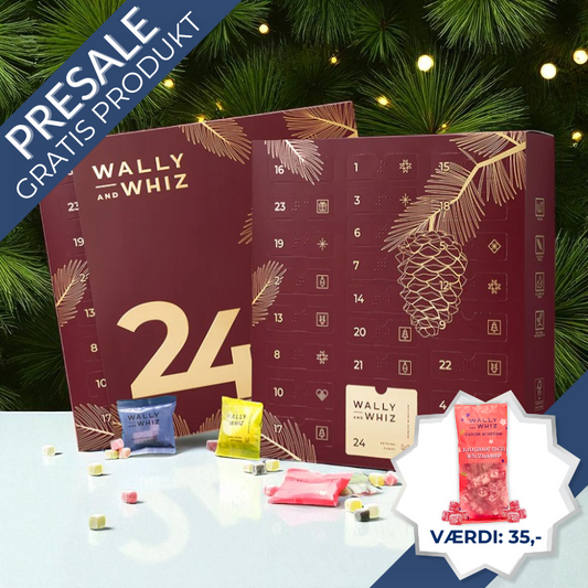 Wally & Whiz julekalender med 24 låger fyldt med små poser af danske gourmet frugtvingummier, inkl. klassikere og julesmage.	