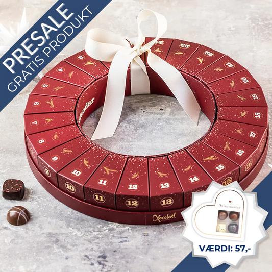 Julekrans-julekalender fra Xocolatl – 24 æsker samlet i en smuk krans, hver med to fyldte danske chokolader med bl.a. karamel, ganache og nougat.	