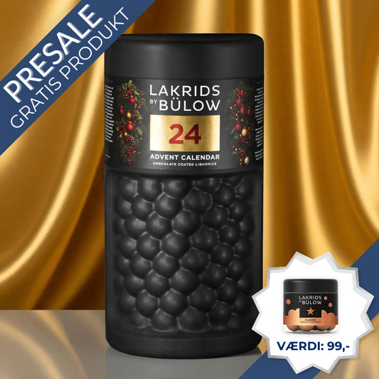 Lakrids by Bülow familiejulekalender med 24 låger i form af en stor rund bøtte, fyldt med gourmetlakrids til 4 personer.	