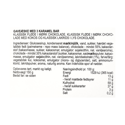 Gaveæske med 3 Karamel Bar fra Karamel Kompagniet med ingredienser og næringsindhold.