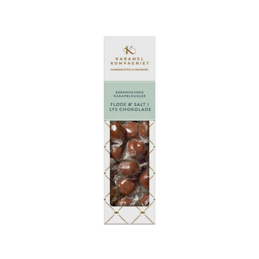 Karamel Kompagniet Bornholmske karamelkugler med fløde og salt i lys chokolade.