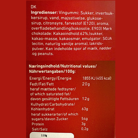 Lakridseriet Amsterdam chokoladeovertrukne vingummi med lakridspulver og ingrediensliste.