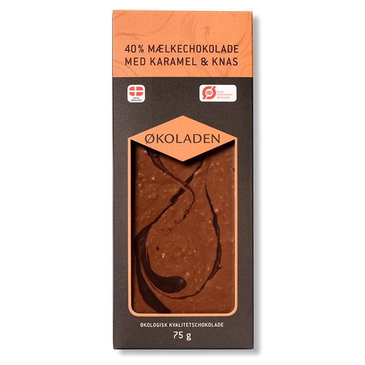 Mælkechokolade med karamel og knas. Økologisk og danskproducere luksuschokolade