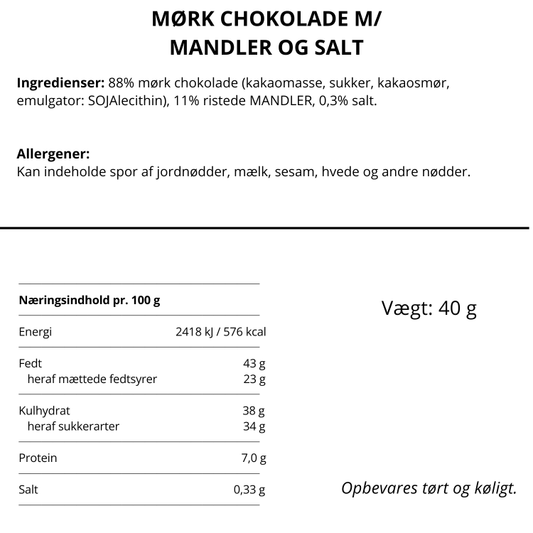 Næringsindhold og ingrediensliste for mørk chokolade med mandler og salt fra Simply Chocolate.