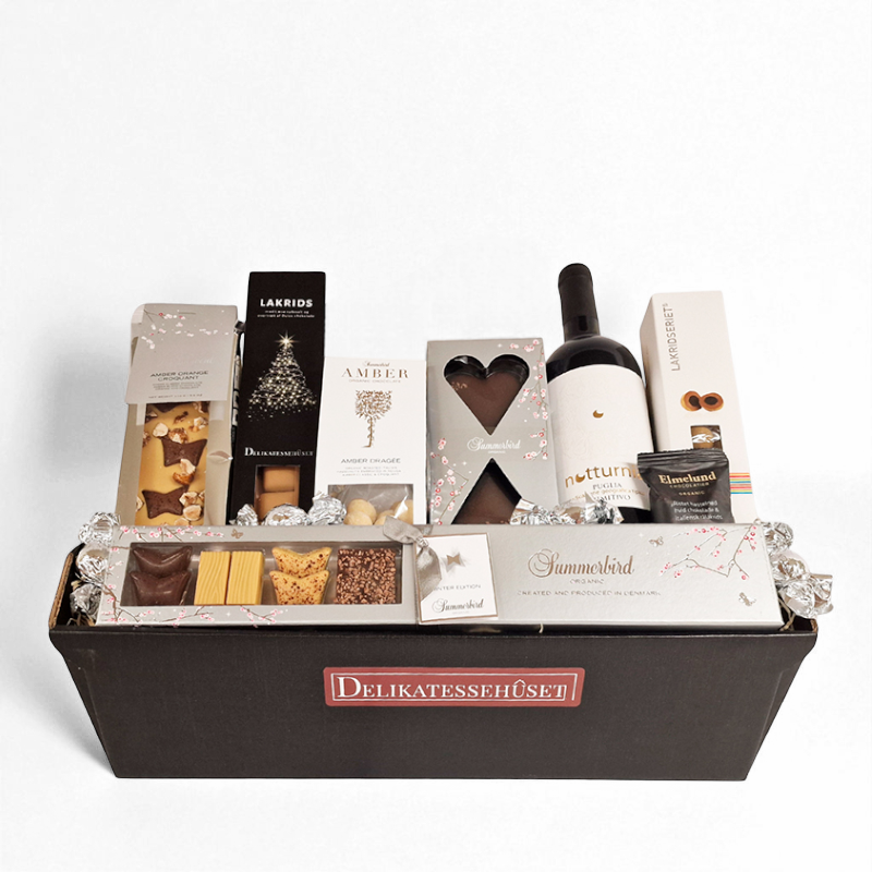 Gavekurv med rødvin og chokolade fra Summerbird