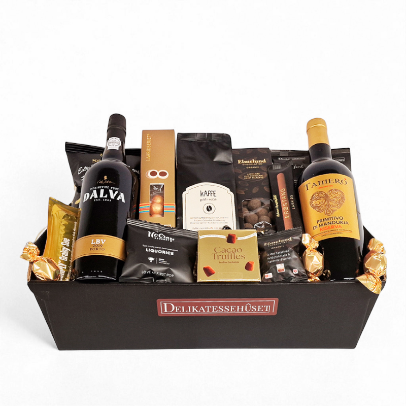 Flot overdådig julekurv med rødvin, portvin, kaffe og chokolade