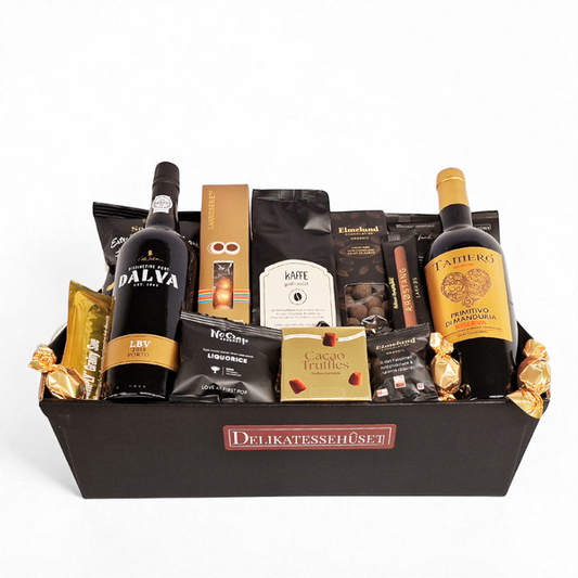 Flot overdådig julekurv med rødvin, portvin, kaffe og chokolade