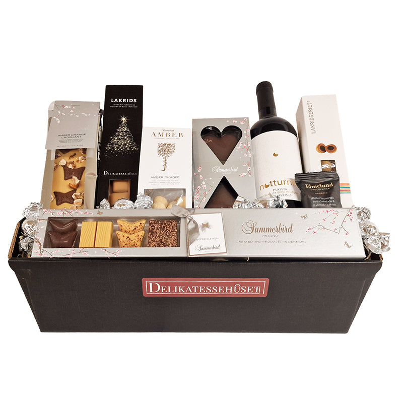 Gavekurv med rødvin og chokolade fra Summerbird