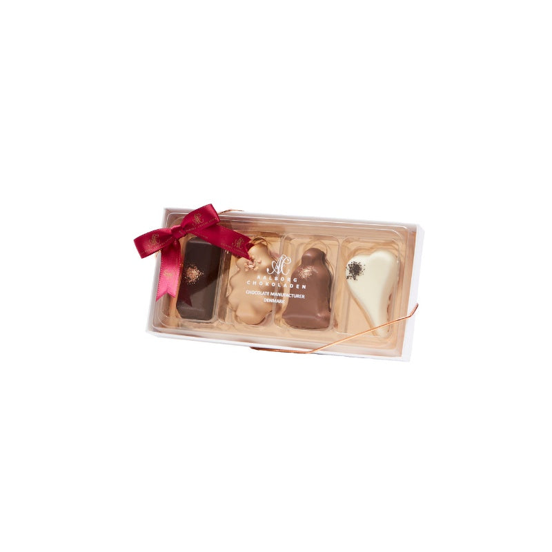 Petit Four juleæske med bordeaux sløjfe fra Aalborg Chokoladen