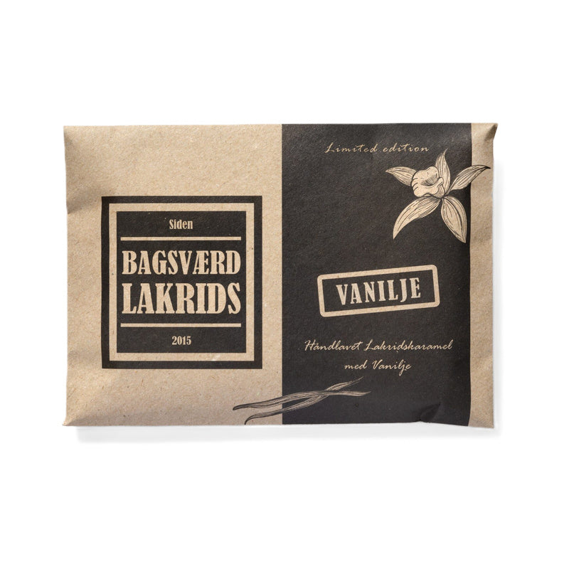 Vaniljeplade fra Bagsværd Lakrids i brun og mørk papirindpakning