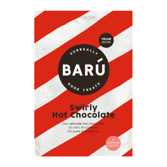 Barú Swirly Hot Chocolate vegansk kakaopulver portionspose med rød- og hvidstribet emballage.