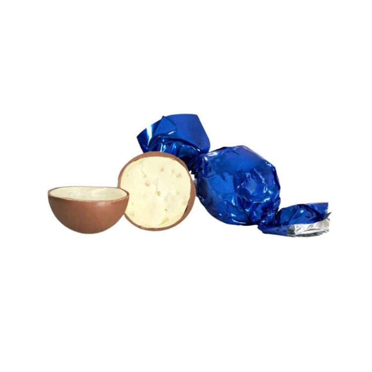 Chokoladekugler af mælkechokolade med yoghurtfyld og crisp