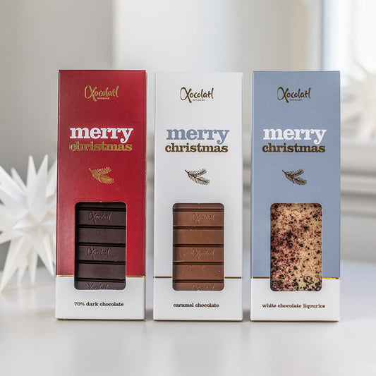 Merry Christmas-serien fra Xocolatl – oversigtsbillede af julechokoladebarer