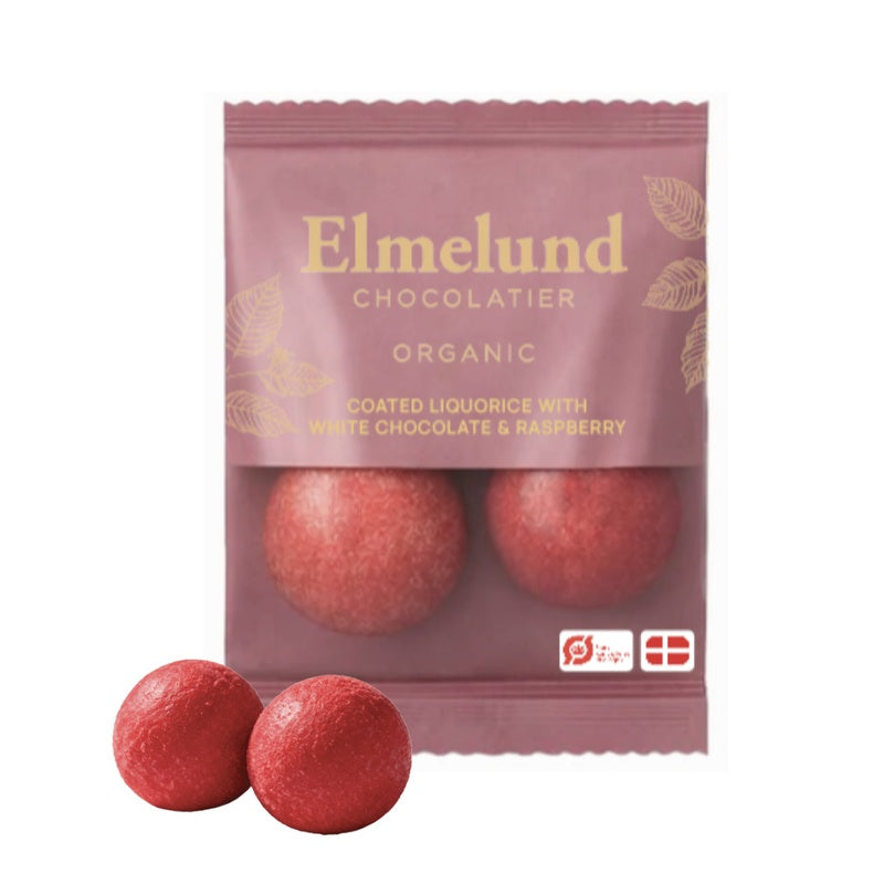Lakrids-flowpack med hindbær og hvid chokolade - pose med 2 kugler