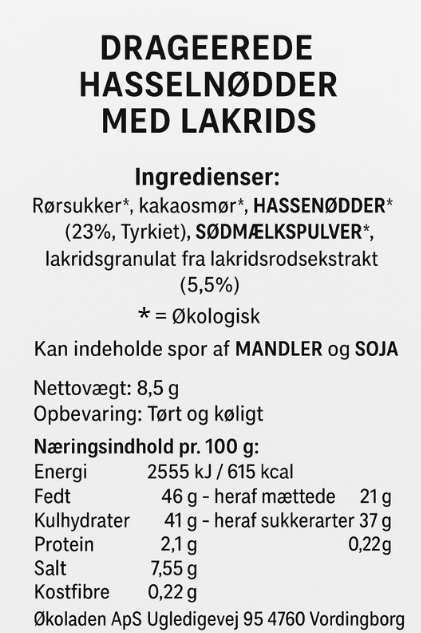 Hasselnødder hvid lakrids, Flowpack - Elmelund
